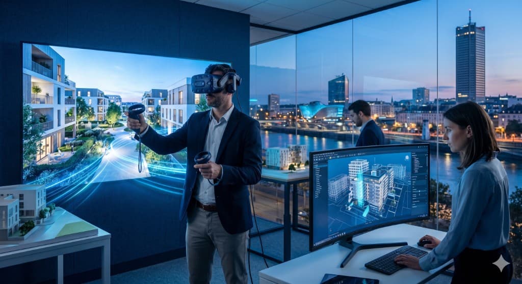 Studio VR : casque et maquette 3D sur grand écran, conception BIM sur poste de travail.