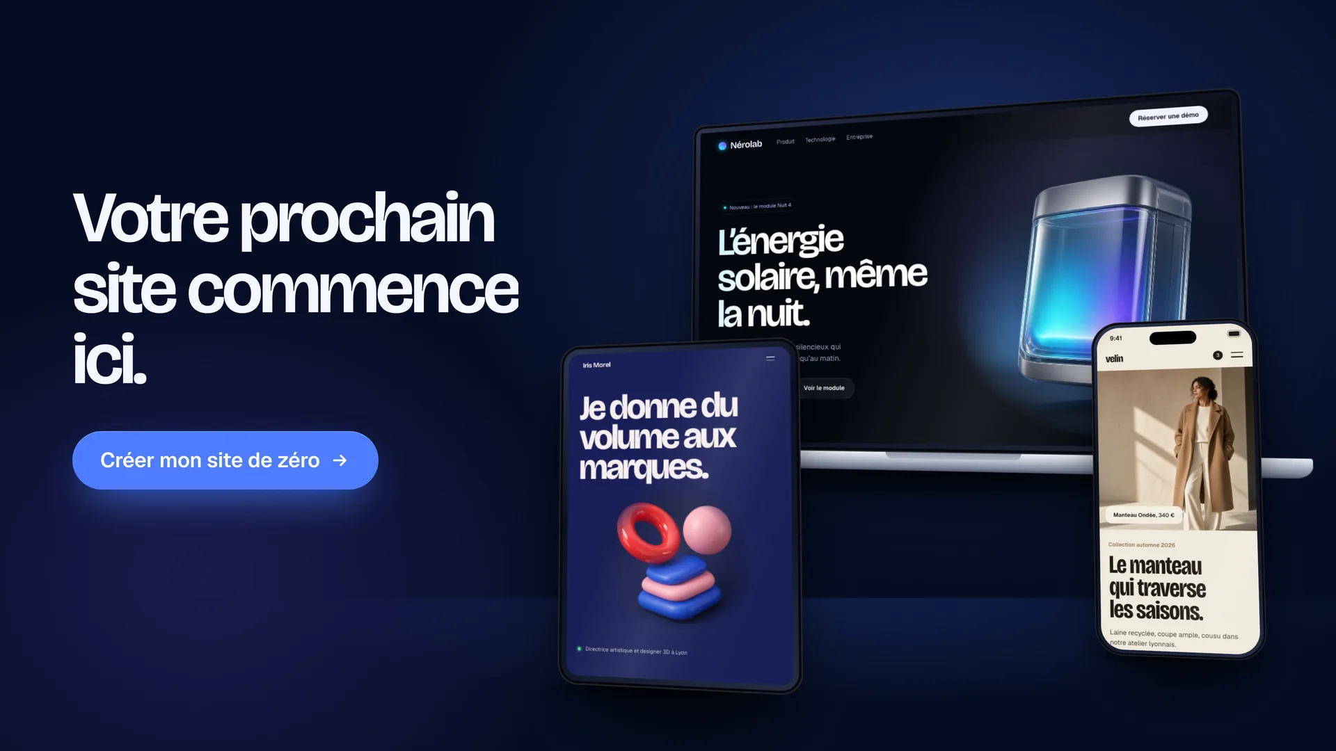 Vidéo : création d'un site de zéro avec l'assistant Fondatoria, affiché sur ordinateur, tablette et téléphone.